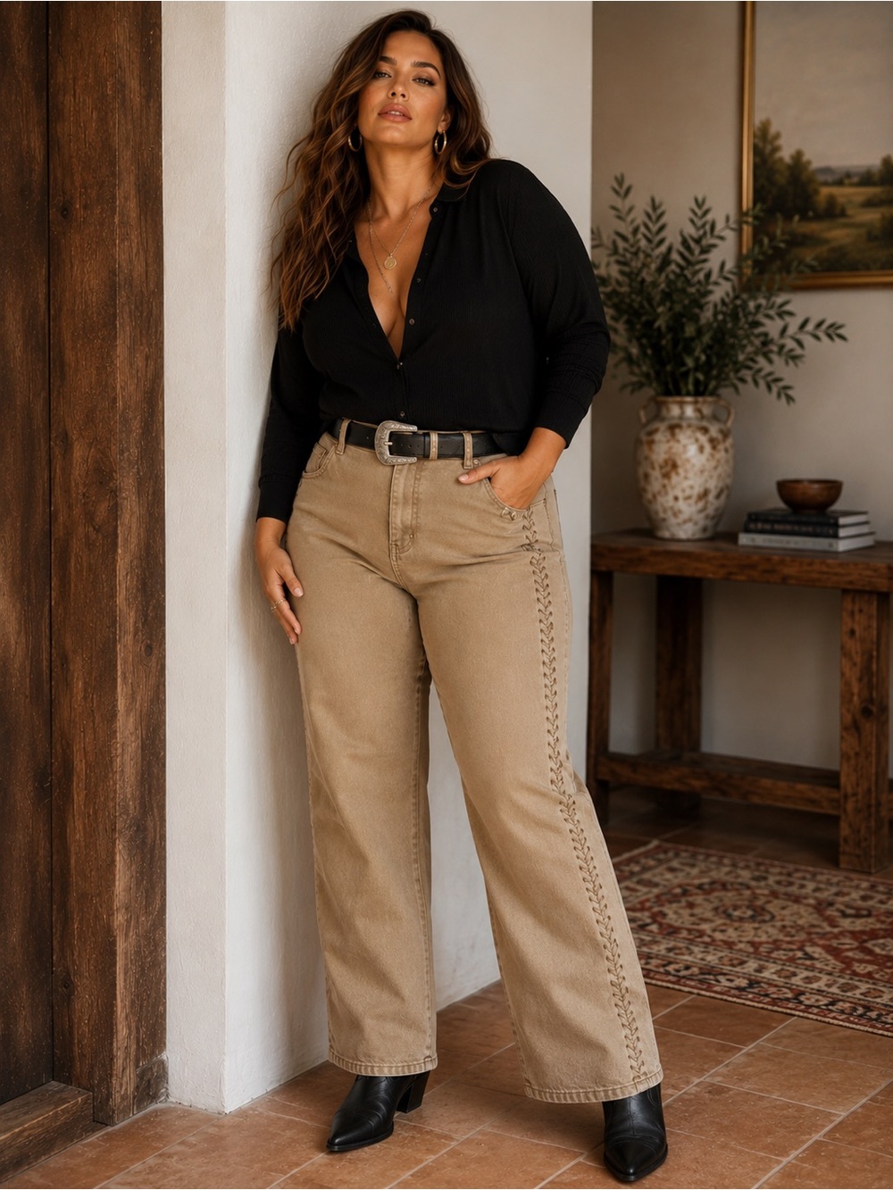 Lauren Ralph Lauren Jeans 14W Tan Braided Side Detail Straight Leg Pants - Picture 1 of 16